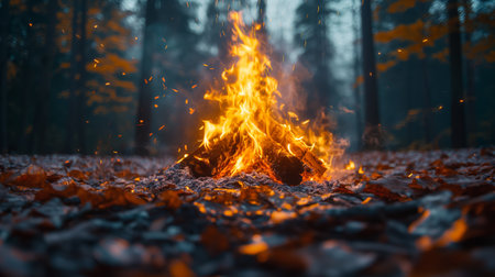 A vibrant campfire crackles in the heart of the autumn woods, casting a warm and inviting glow.の素材