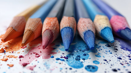A vibrant array of sharpened colored pencils surrounded by scattered blue and pink paint splatters.の素材