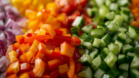 A vibrant array of freshly chopped vegetables presents a feast of colors and textures, ready for a healthy meal.の素材