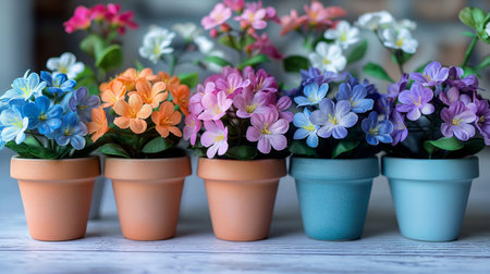 A vibrant collection of colorful artificial flowers in assorted pots, bringing a cheerful burst of color to any indoor setting.の素材