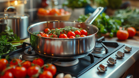 A vibrant cooking scene with fresh tomatoes and herbs simmering in a stainless steel pot on a stovetop.の素材