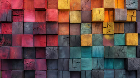 A vibrant geometric wall of multicolored wooden blocks creates an artistic tapestry of texture and color.の素材
