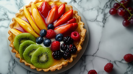 A vibrant fruit tart sits elegantly on a marble table, its colorful array of fresh berries and sliced fruits glistening with a tantalizing glaze.の素材