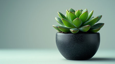 A vibrant green succulent basks serenely in a textured black pot against a soft teal background.の素材