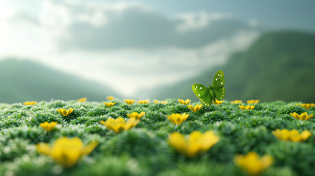A vibrant green butterfly rests on a lush carpet of yellow flowers under a sunlit skyの素材