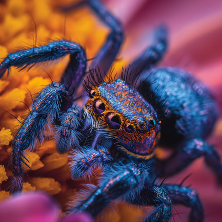 A vibrant jumping spider with iridescent blue and orange hues explores a bright flower, showing its mesmerizing beauty and intricate details.の素材