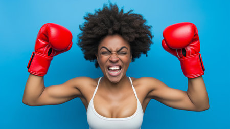 A vibrant portrait of a woman with a broad smile, donning red boxing gloves, exuding confidence and strength on a blue background.の素材
