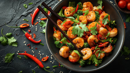 A vibrant shrimp and vegetable stir-fry garnished with fresh herbs and chili peppers on a dark slate surface.の素材