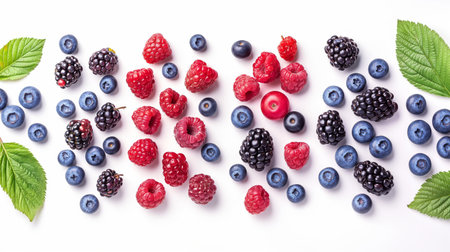 A vibrant assortment of fresh berries and leaves arranged neatly on a white background.の素材
