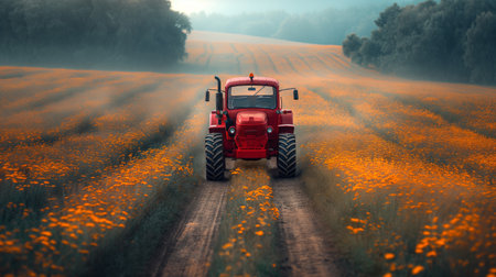 A vintage red tractor traverses a field of vivid orange flowers, creating a picturesque and tranquil rural scene.の素材
