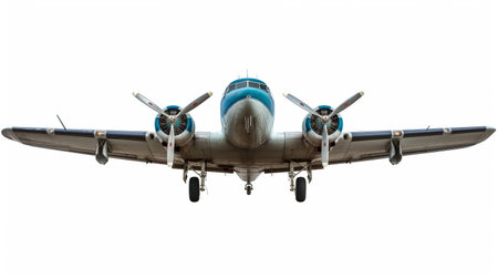 A vintage propeller-driven aircraft glides gracefully against a clear white backdrop, showing its detailed metallic body and powerful engines.の素材