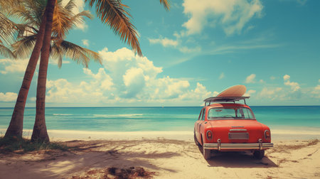 A vintage car parked under swaying palm trees on a sunny beach exudes the perfect summer escape.の素材