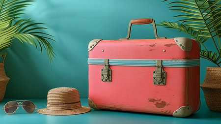 A vintage suitcase, travel hat, and sunglasses set against a tropical backdrop invite adventures in exotic locales.の素材