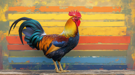 A vibrantly colored rooster stands proudly against a multi-colored background, exuding confidence.の素材