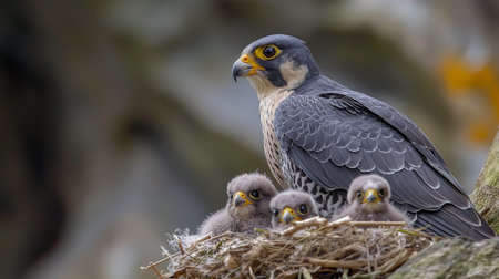 A vigilant peregrine falcon watches over her fluffy chicks nestled in a high tree nest.の素材