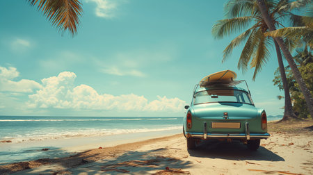 A vintage car with a surfboard on the roof sits under palm trees on a pristine beach, ready for a perfect summer adventure.の素材