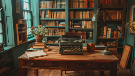 A vintage typewriter sits on a wooden desk adorned with books and flowers, surrounded by shelves of books in a sunlit studyの素材