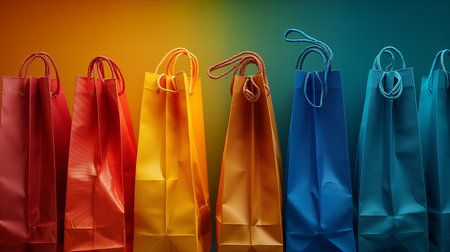 A vivid array of colorful shopping bags lines up against a gradient background, symbolizing consumerism and fashion.の素材