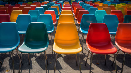 A vivid array of empty plastic chairs presents a spectrum of color under open skies.の素材