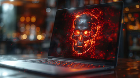 A vivid, fiery skull displayed on a laptop screen, signaling a system hack with a sense of urgency and danger.の素材