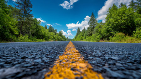 A vivid road cuts through a lush green forest under a clear blue sky, inviting travelers on a journey into the heart of nature.の素材
