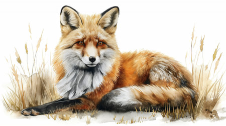 A watercolor painting of a resting fox, blending warm and soft hues.の素材