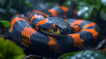 A vividly colored coral snake coiled in lush foliage, its scales shimmering with striking orange, black, and yellow hues.の素材