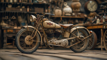 A weathered motorcycle exudes rugged charm in a cluttered old workshop, telling stories of past adventuresの素材