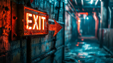 A weathered exit sign glows ominously in a dilapidated industrial corridor, directing an unseen path to safety.の素材