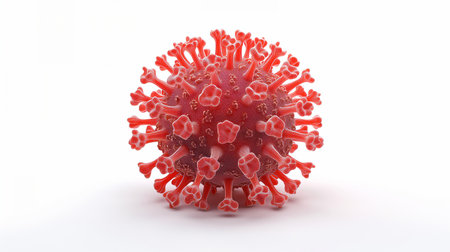 A vividly detailed red coronavirus particle stands out with menacing spikes on a pristine white background.の素材