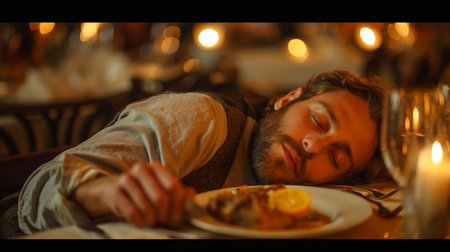 A weary man succumbs to sleep at a candlelit feast, his face resting peacefully beside a plate of untouched food.の素材