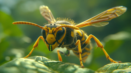 A wasp clings to a leaf, its body profiled against a blurred green backdrop, showing its slender form and detailed wings.の素材