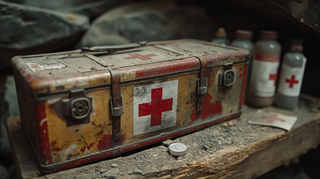 A weathered first aid kit, marked with the red cross, lies amidst a gritty mining setup, ready for emergencies.の素材