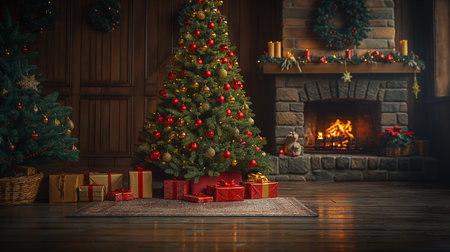 A warmly lit Christmas tree, adorned with golden lights and red ornaments, stands by a cozy fireplace setting a magical holiday scene.の素材
