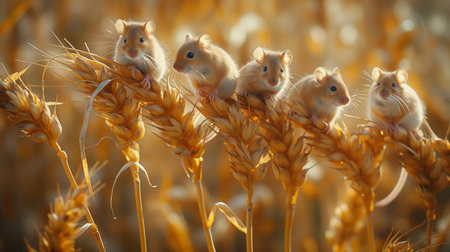 A whimsical quintet of field mice perch delicately on golden wheat stalks, basking in the warm glow of a setting sunの素材