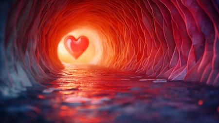 A whimsical tunnel of concentric red hearts leads to a glowing central heart, evoking a sense of romantic journey.の素材
