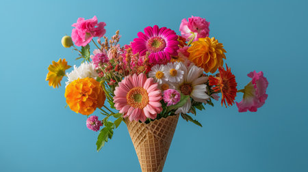 A whimsical array of bright flowers arranged in an ice cream cone adds a playful touch to a blue backdrop.の素材