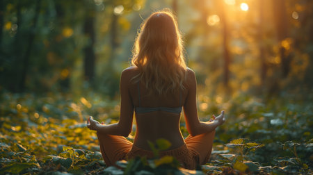 A woman finds serenity in meditation, seated among the lush green foliage illuminated by golden sunlight.の素材