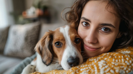 A woman and her dog share a close, heartwarming moment on a cozy, autumn day.の素材