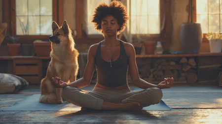 A woman and her dog find harmony in meditation within a rustic indoor setting.の素材