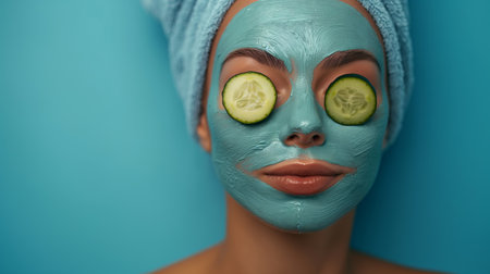 A woman enjoys a spa day with a soothing clay mask, complete with cucumber slices over her eyes for the ultimate relaxation.の素材