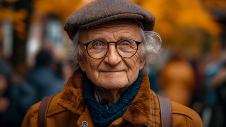 A wise elderly man in a yellow coat and tweed cap smiles with a lifetime of stories etched in his face.の素材