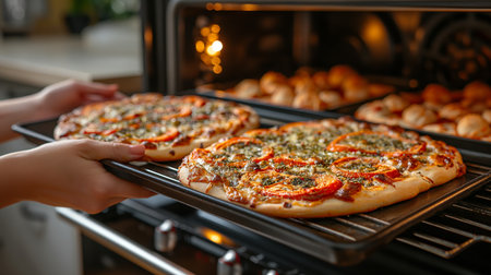 A woman expertly prepares homemade pizzas, sliding them into the oven for a delicious bake.の素材