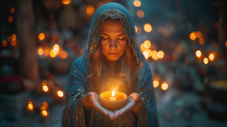 A woman enveloped in a mystical blue shawl holds a glowing candle, illuminating her serene expression amidst a sea of lights.の素材