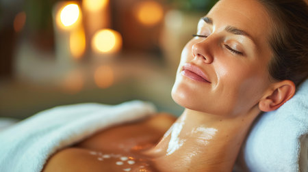 A woman relaxes blissfully during a rejuvenating spa treatment, enveloped in the warm glow of candlelight.の素材