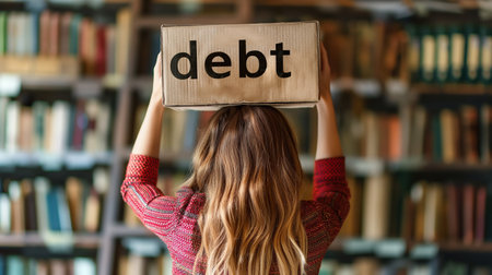 A woman stands in a library, balancing a box labeled "debt" on her head, highlighting the burden of financial challenges even in places of knowledge.の素材