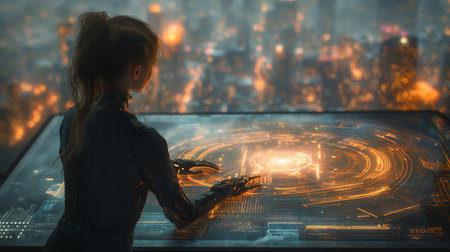 A woman in futuristic attire gazes over a sprawling cybernetic cityscape, illuminated by thousands of neon lights.の素材