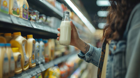 A woman carefully selects a bottle of milk in a grocery store, surrounded by an array of dairy products.の素材