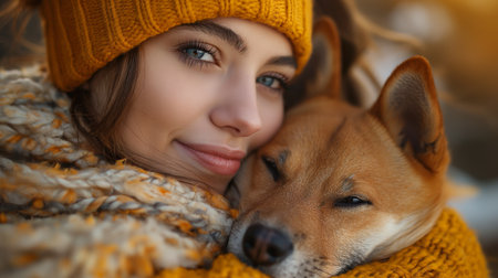 A young woman shares a heartwarming embrace with her dog, their affection illuminated by the soft glow of sunset.の素材