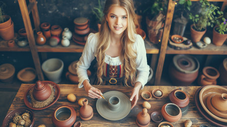 Beautiful young woman in traditional Bavarian clothes is making pottery.の素材